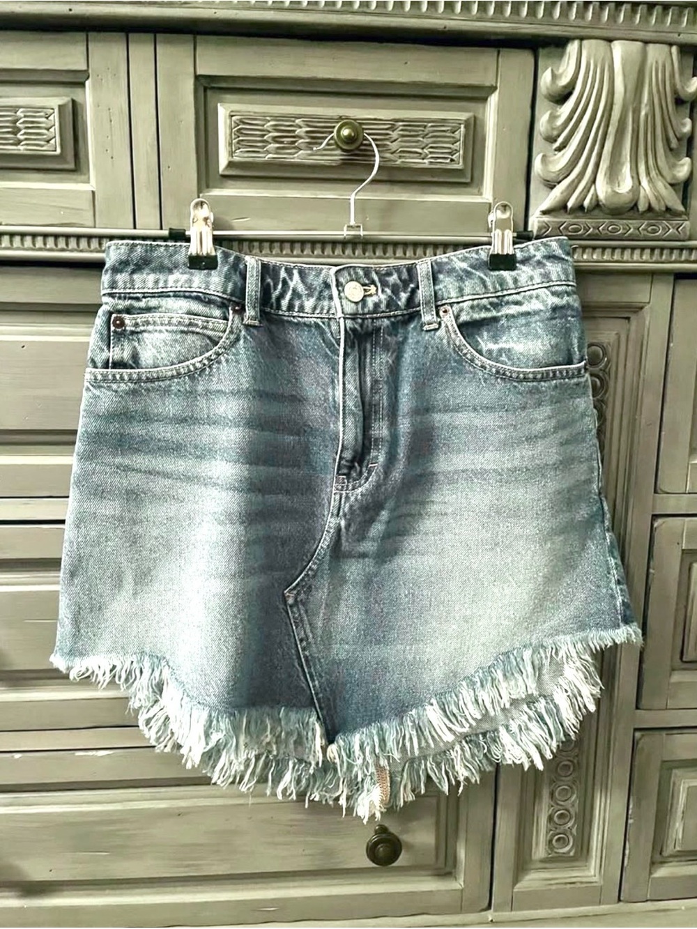 We The Free Distressed Light Blue Denim Shorts with Fringed Hem